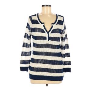 Indigo‎ Pullover Sweater Size M Navy Blue White Stripe V-Neck Open Knit Nautical